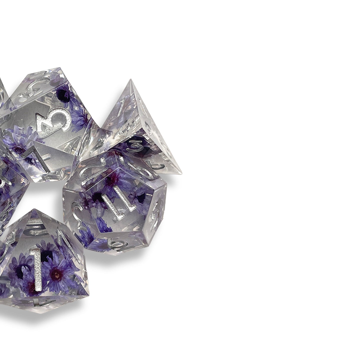 Clear Botanical D&D Dice Set with Purple Flowers | Floral Polyhedral RPG Dice