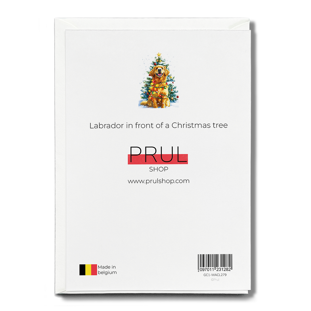 Labrador in front of a Christmas tree - Greeting Card