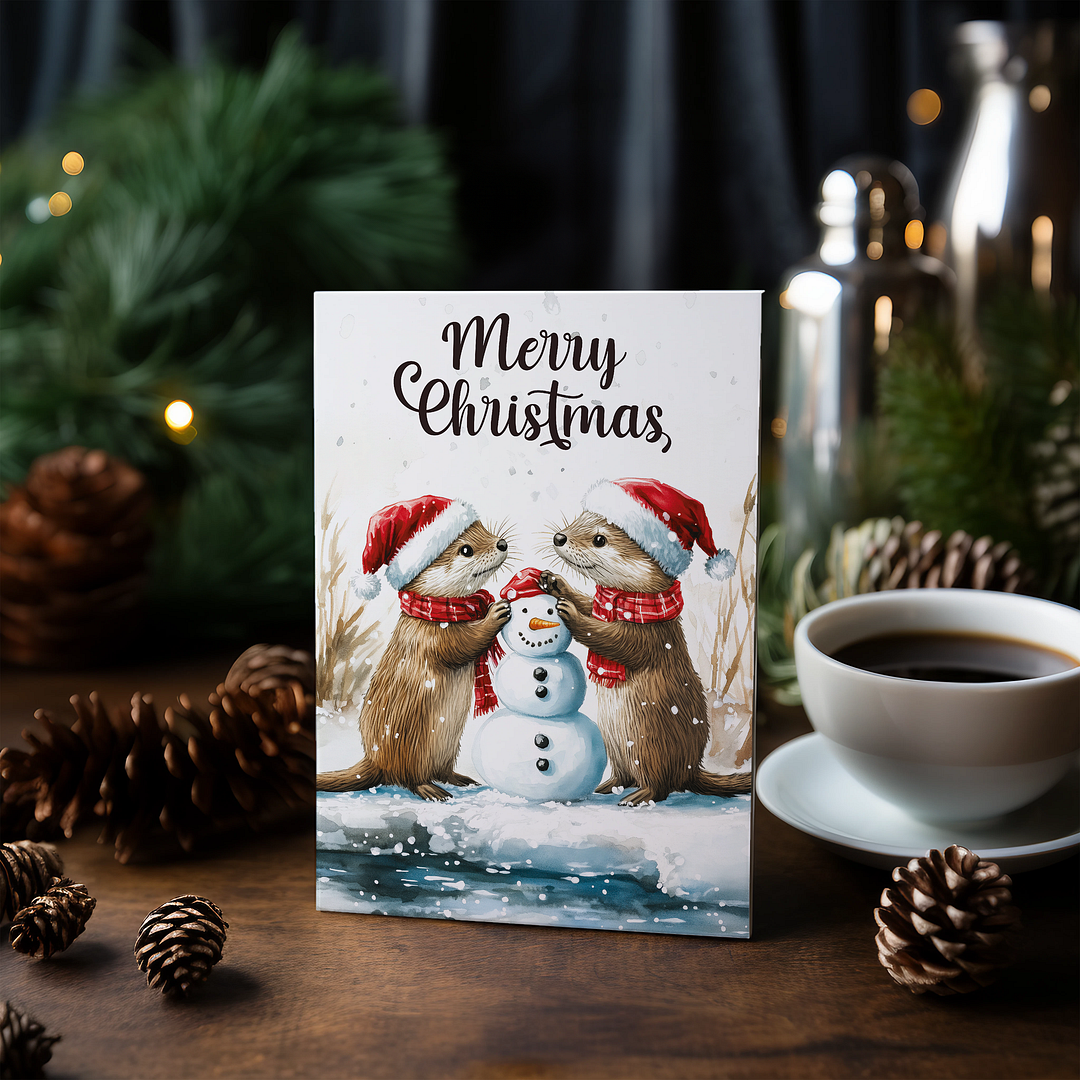 Two otters building a snowman - Greeting Card