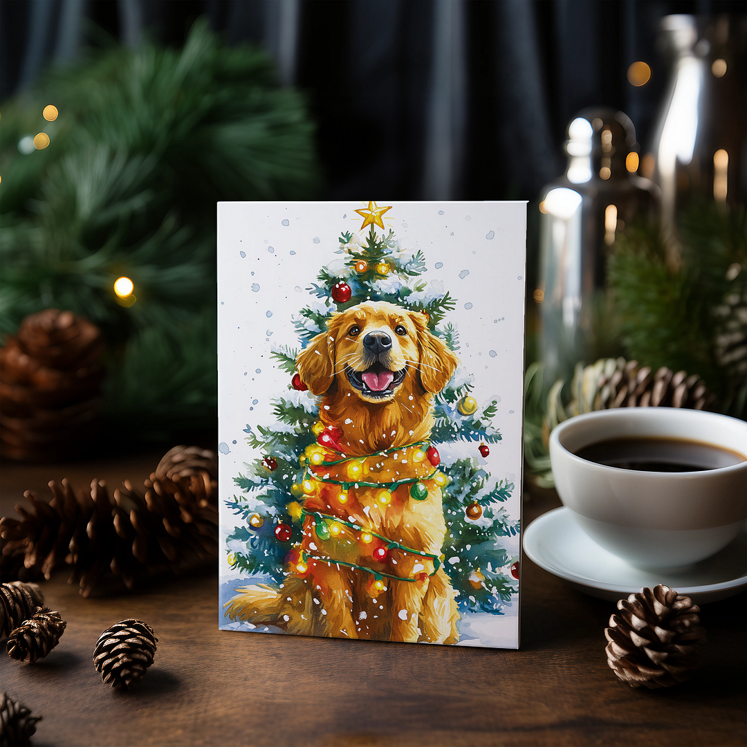 Labrador in front of a Christmas tree - Greeting Card