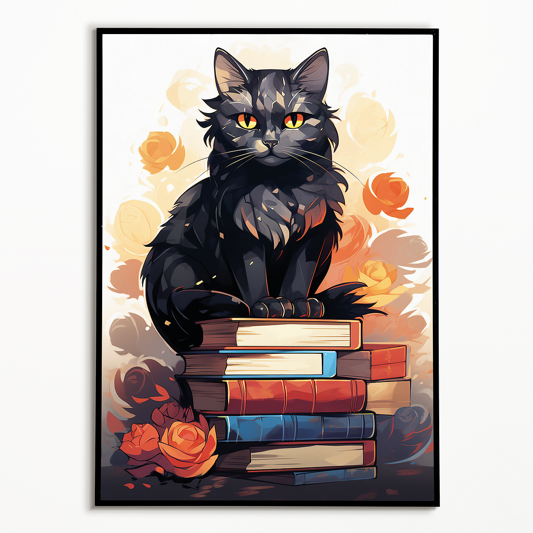 Cat on a pile of books (Art Deco) - Art Print