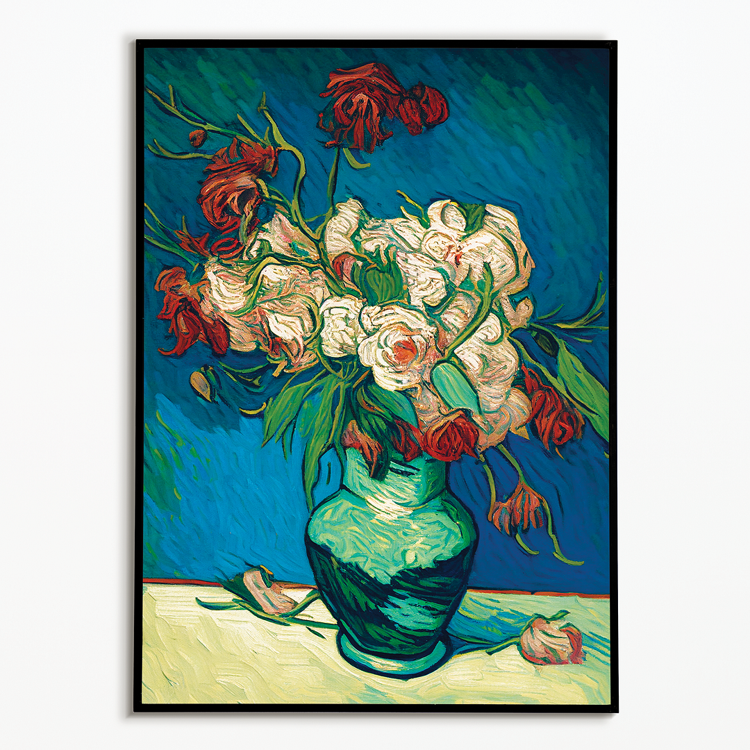 A vase of pink & red roses in Van Gogh style - Art Print