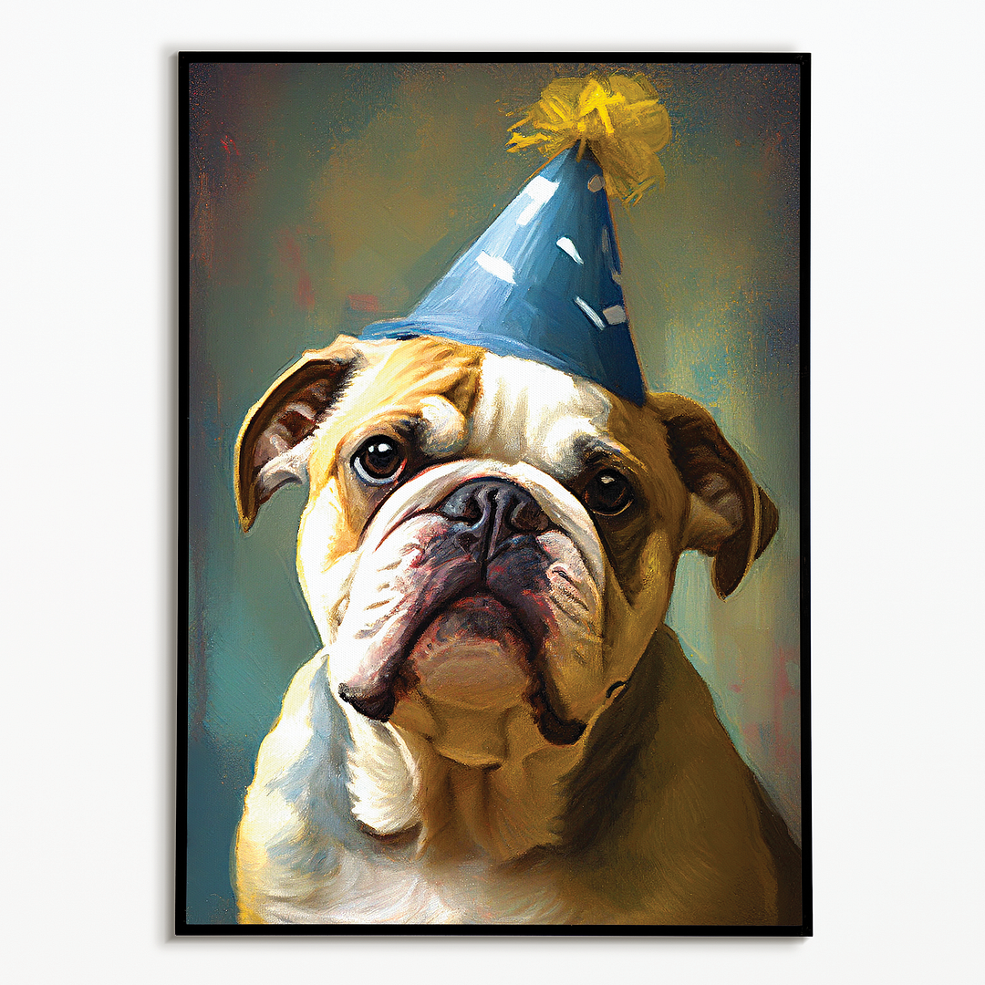 English bulldog with party hat on in Van Gogh style - Art Print