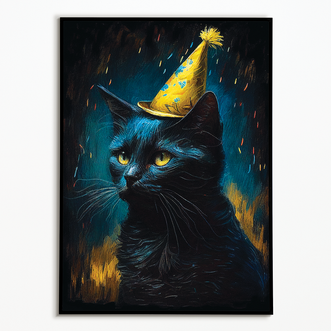 Black cat with party hat on in Van Gogh style - Art Print