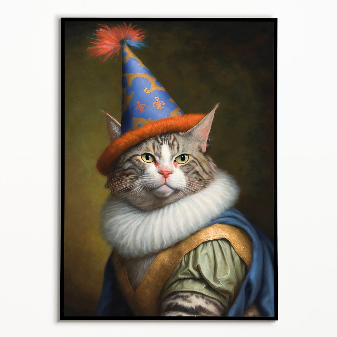 Renaissance painting of a Maine Coon with a party hat on - Art Print