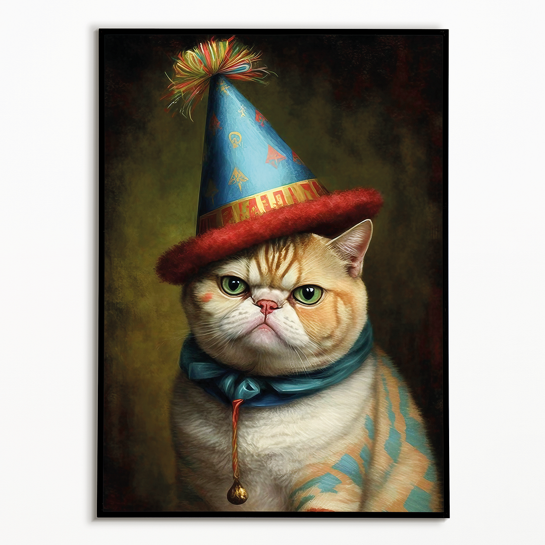 Renaissance painting of an Exotic Shorthair with a party hat on - Art Print
