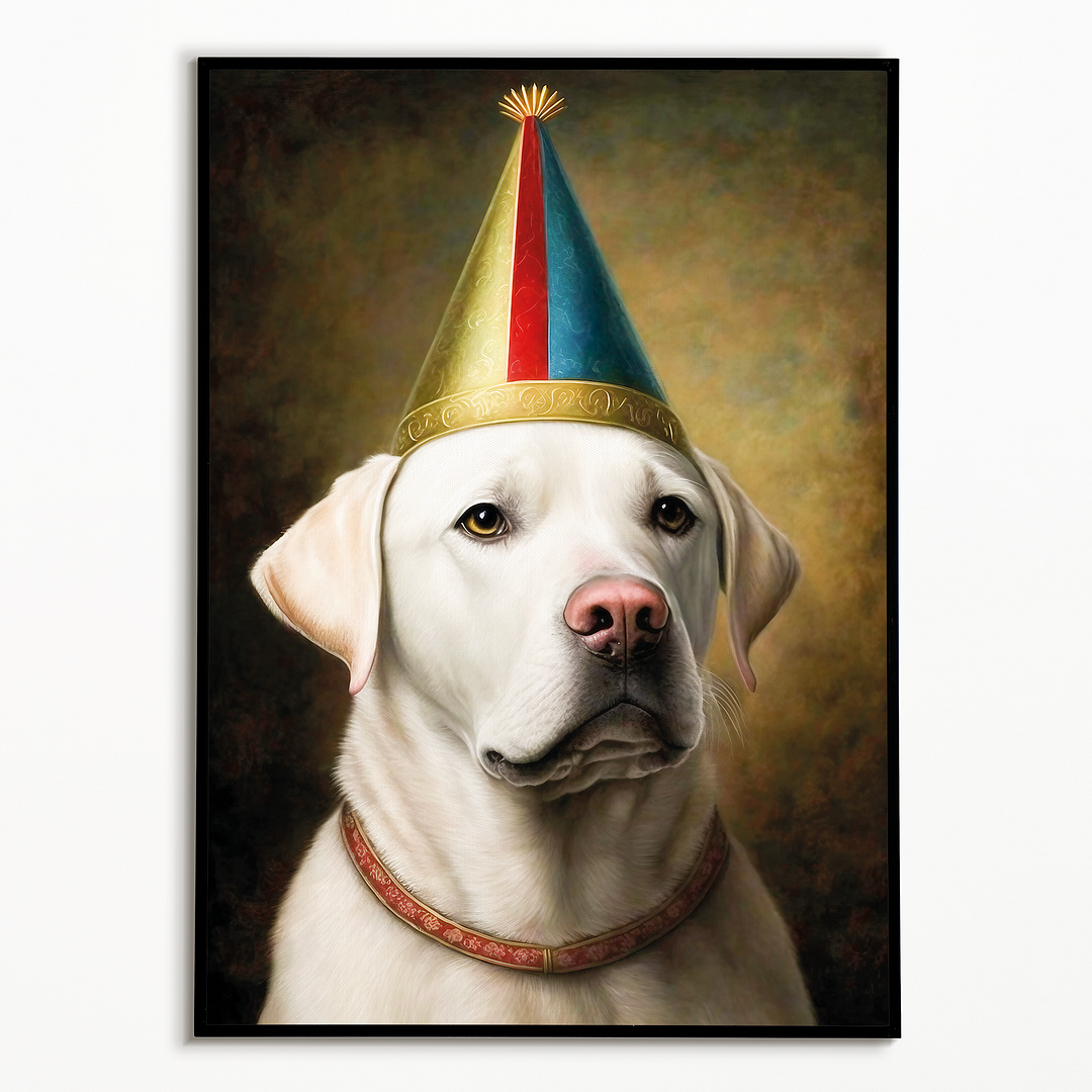 Renaissance painting of a white Labrador with a party hat - Art Print