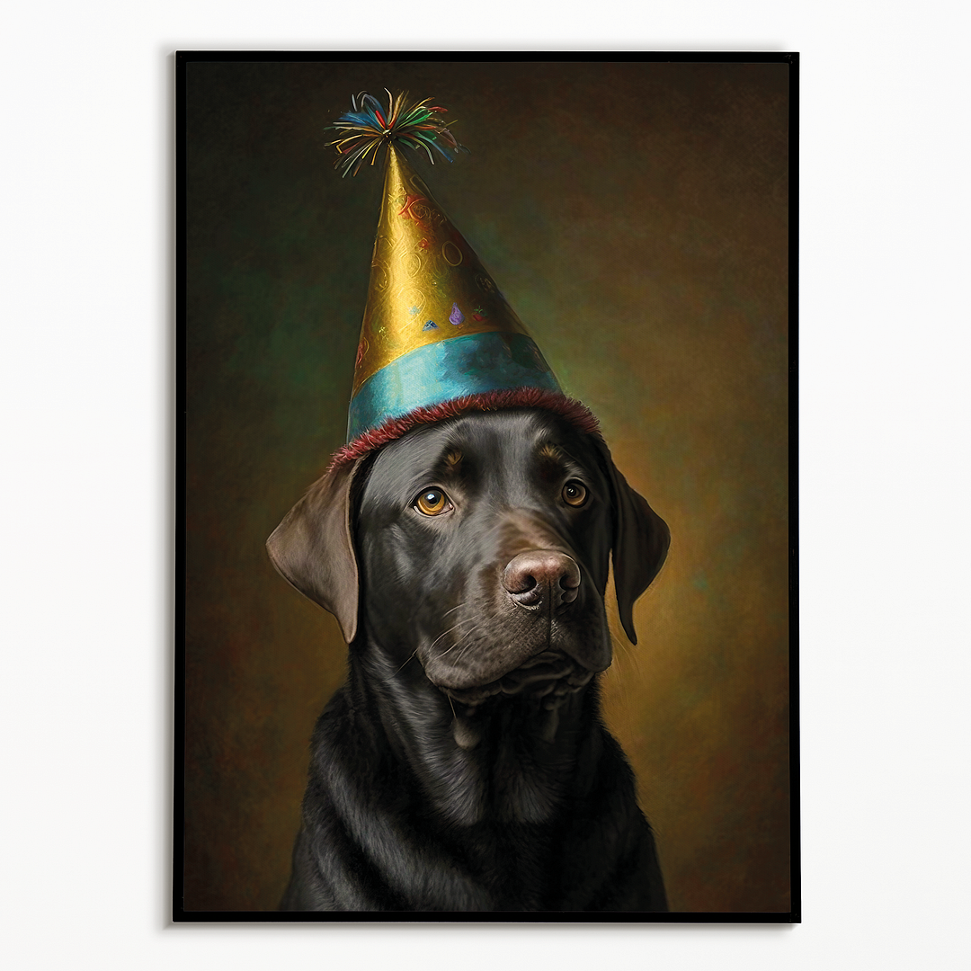 Renaissance painting of a black Labrador with a party hat - Art Print