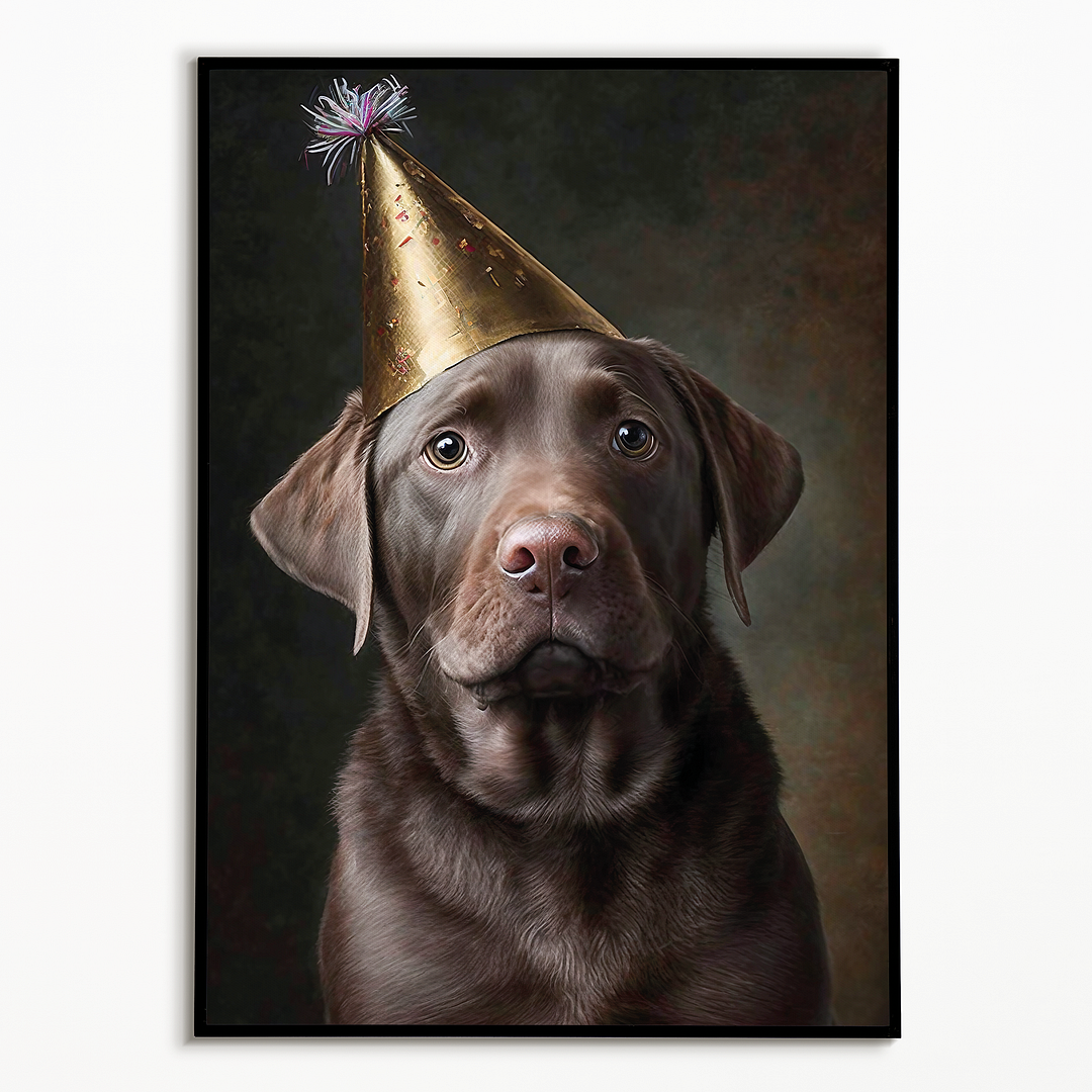 Renaissance painting of a brown Labrador with a party hat - Art Print