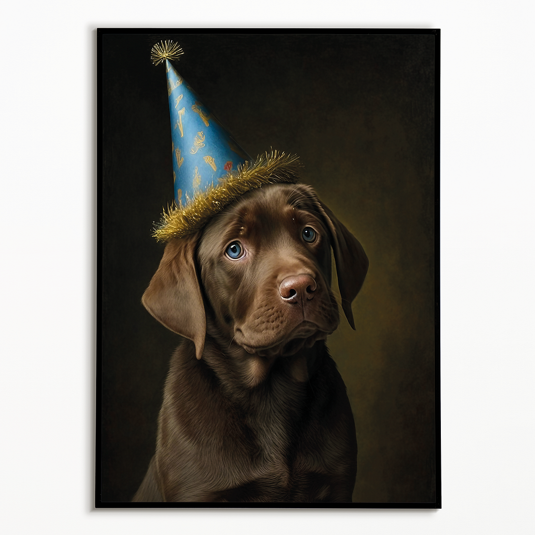 Renaissance painting of a brown Labrador puppy with a party hat - Art Print