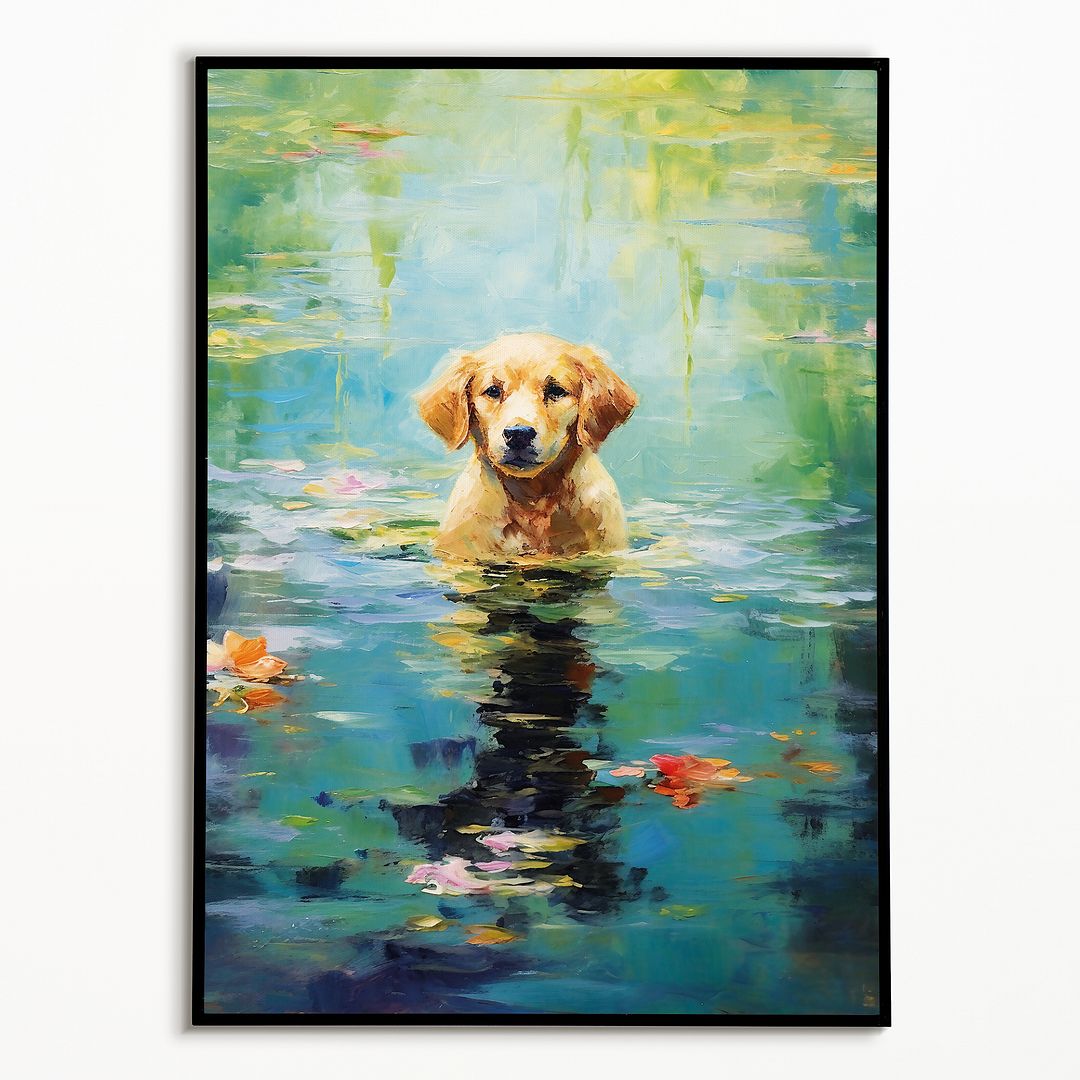 Dog playing in water in Monet style - Art Print