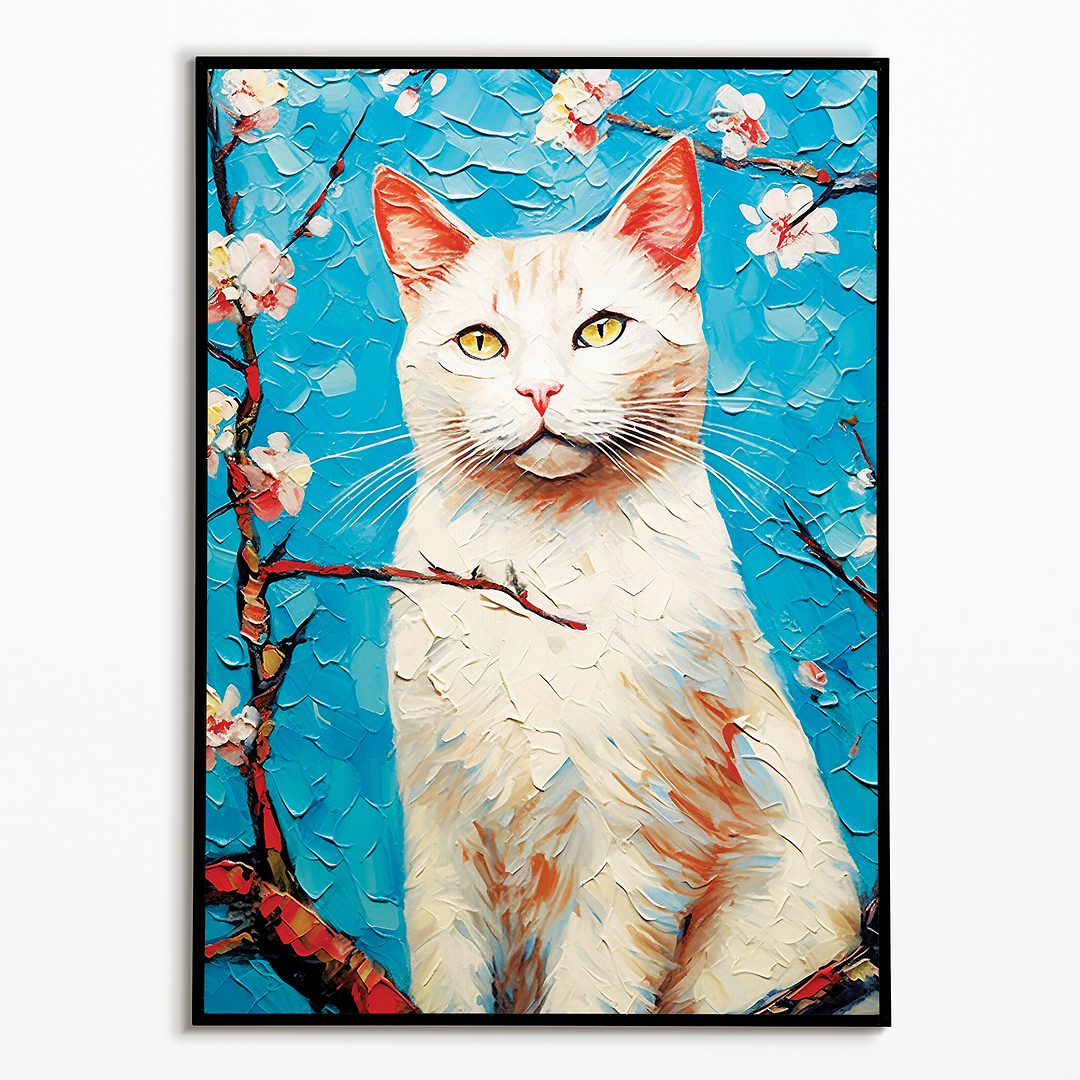 Almond blossom with white cat - Art Print