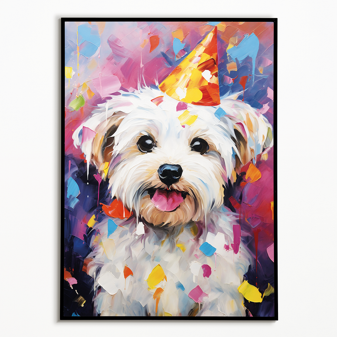 Maltese with wa party hat colourful painting I - Art Print