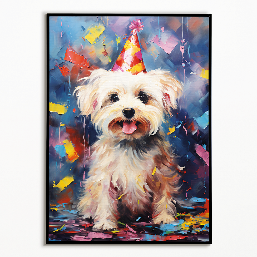 Maltese with wa party hat colourful painting II - Art Print