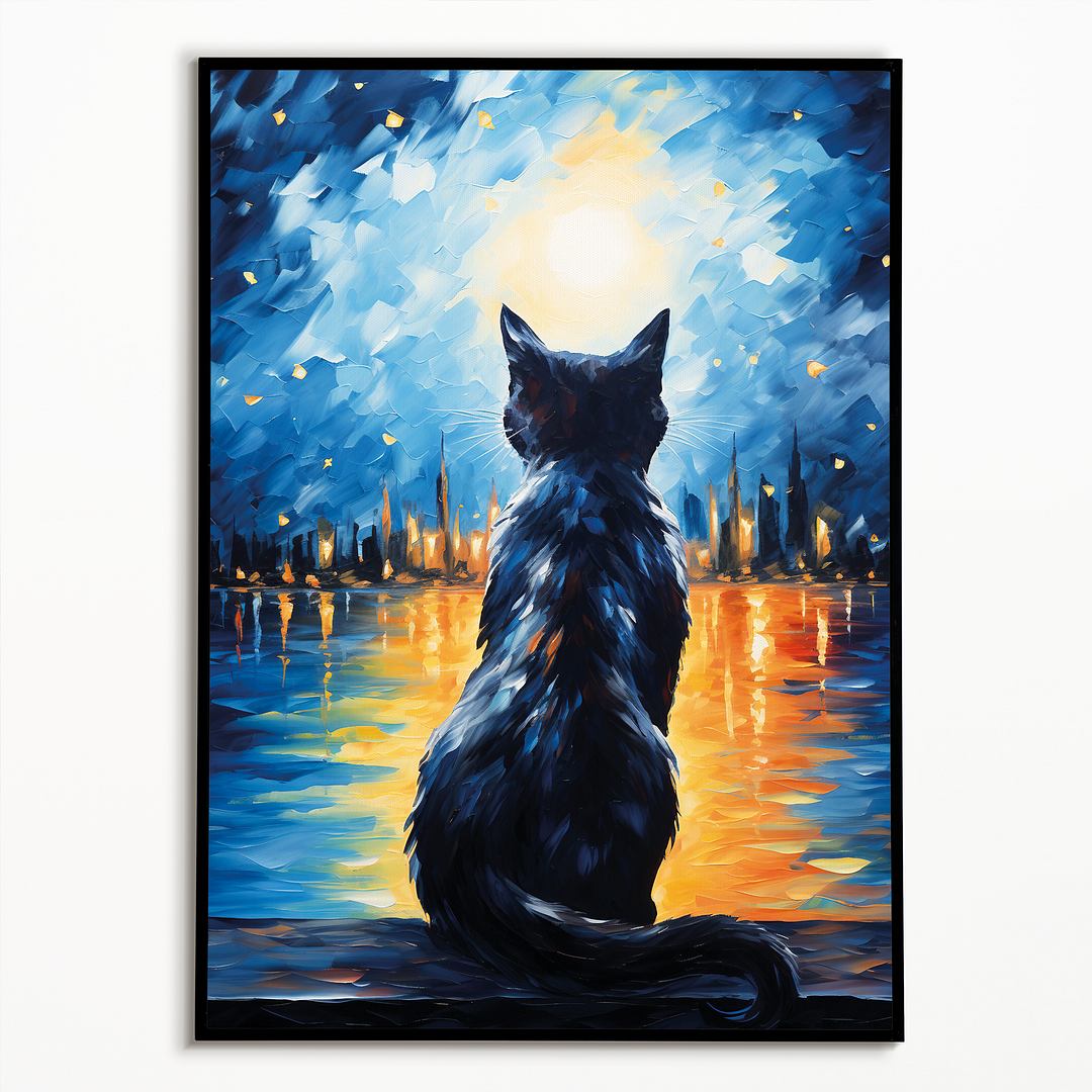 Cat looking over the starry night sky Van Gogh style - Art Print