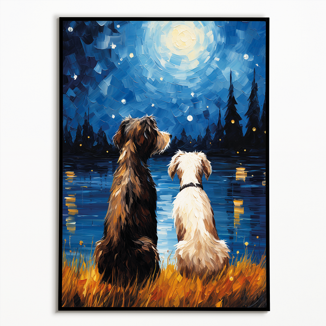 Two dogs looking at the starry night Van Gogh style - Art Print