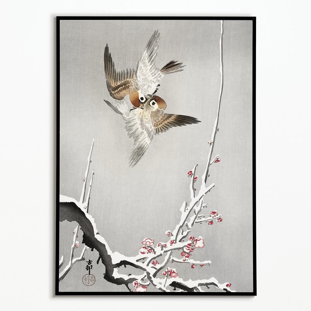 Sparrows and snowy plum tree By Ohara Koson - Art Print