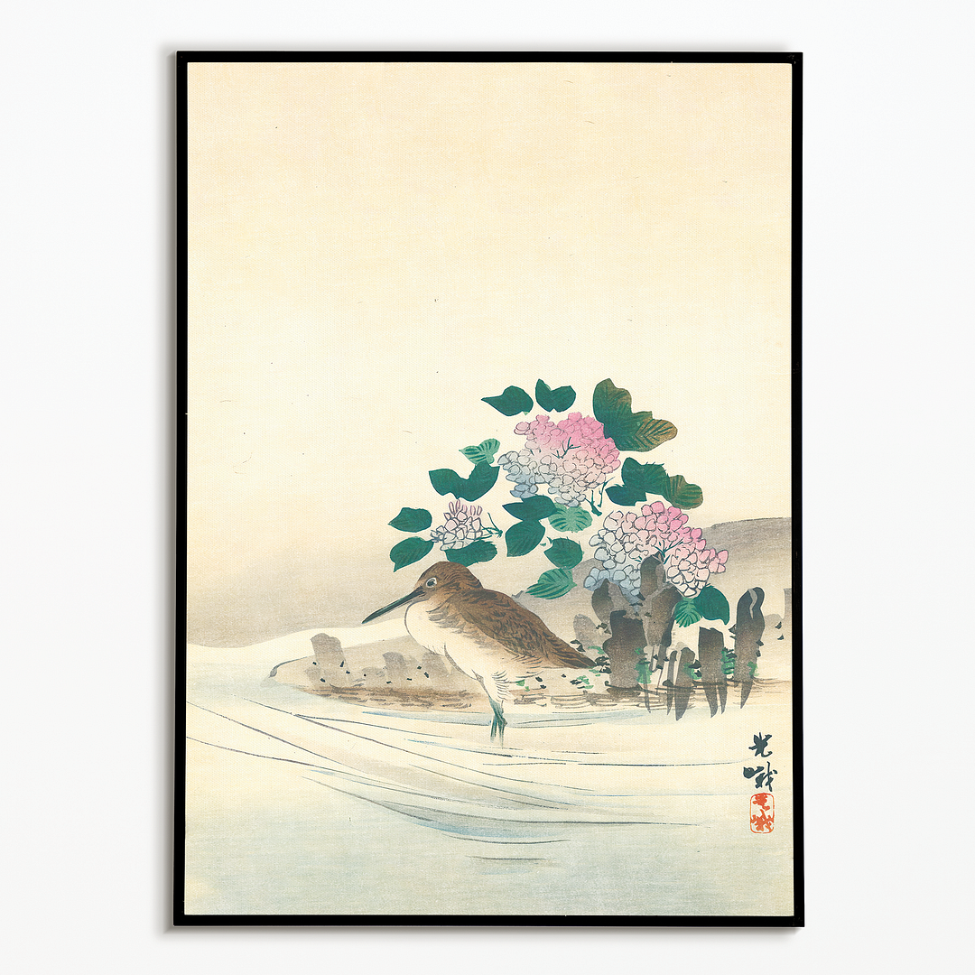 Water Bird and Hydrangea By Koga Iijima - Art Print
