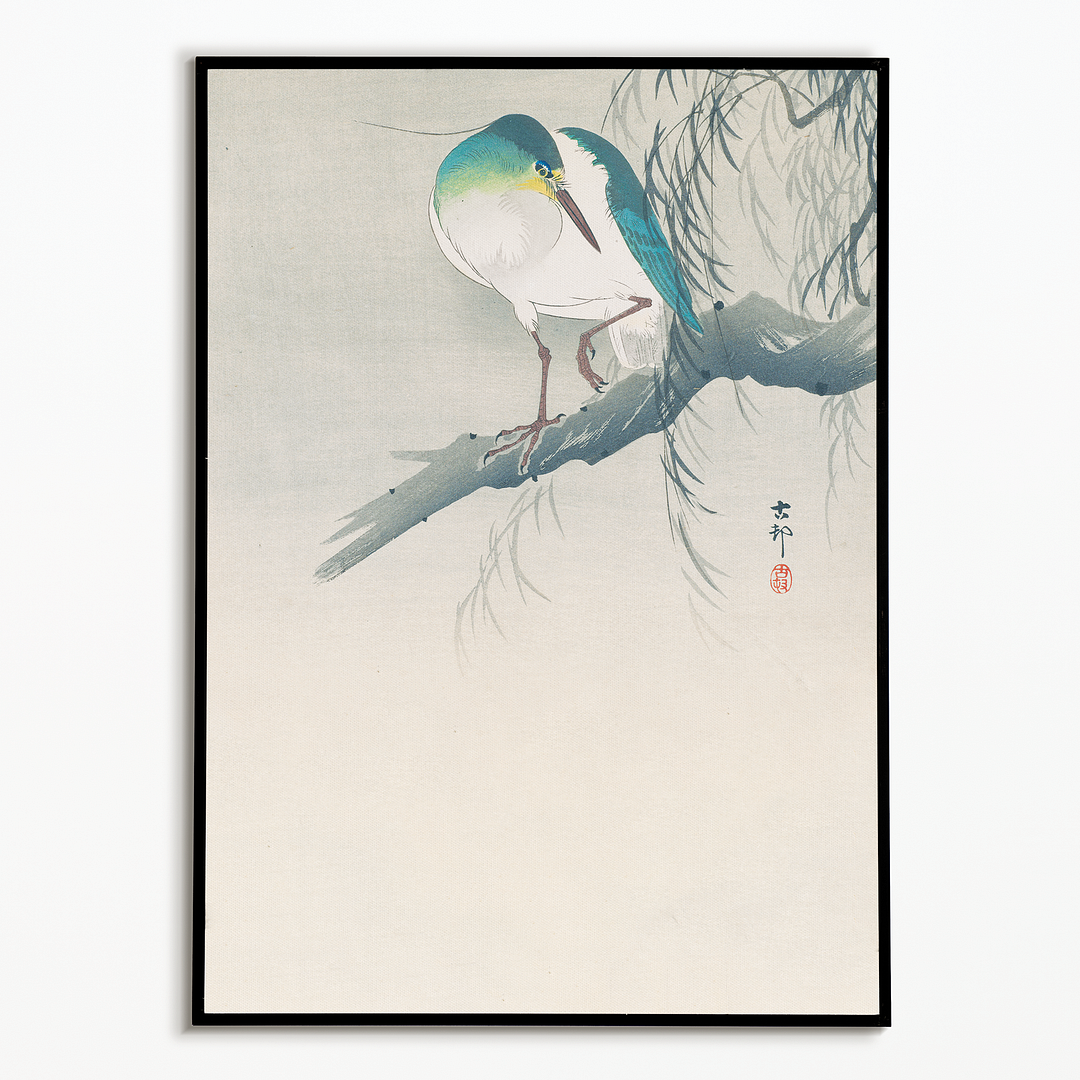 Night-heron with raised leg perched on a willow branch By Ohara Koson - Art Print