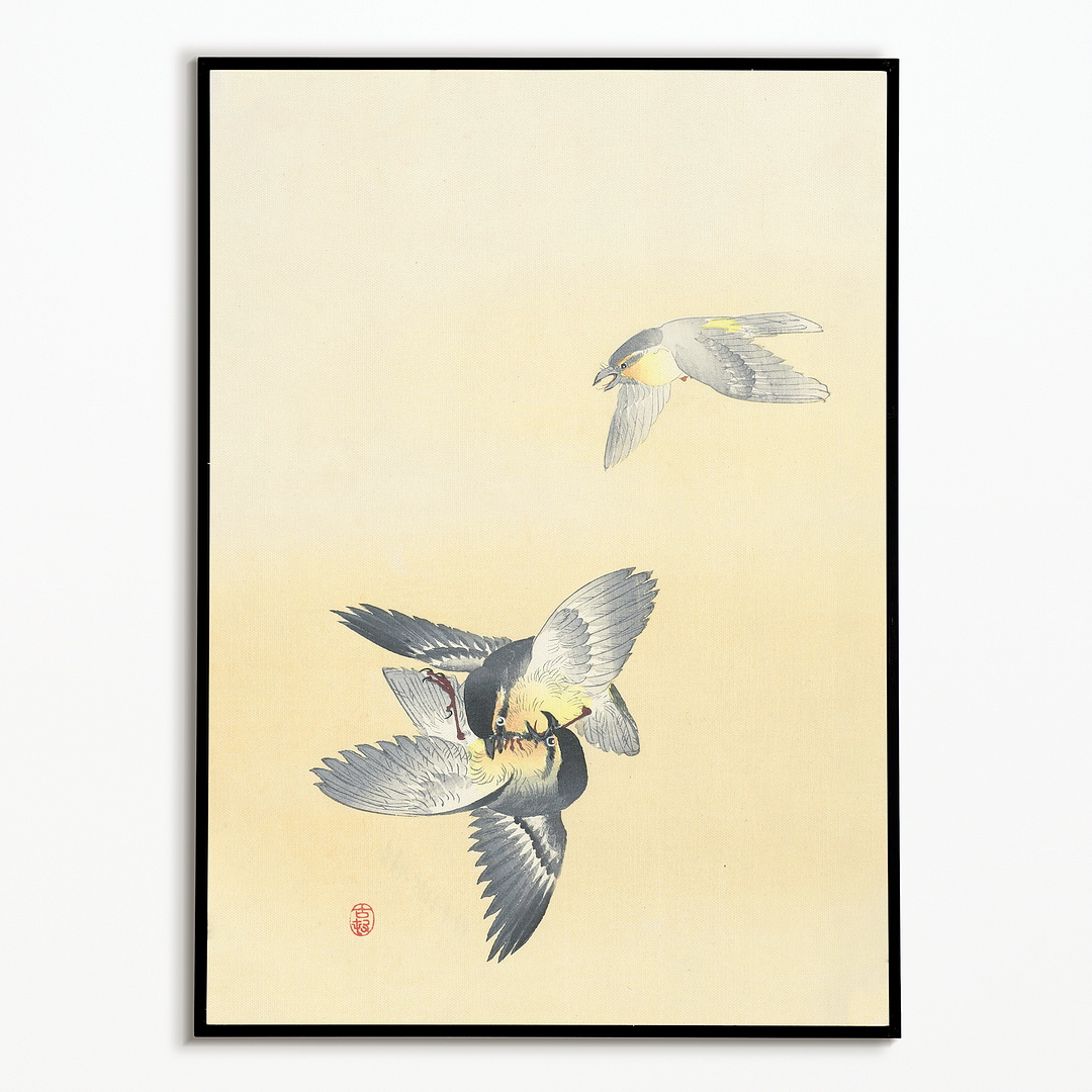 Two fighting birds By Ohara Koson - Art Print
