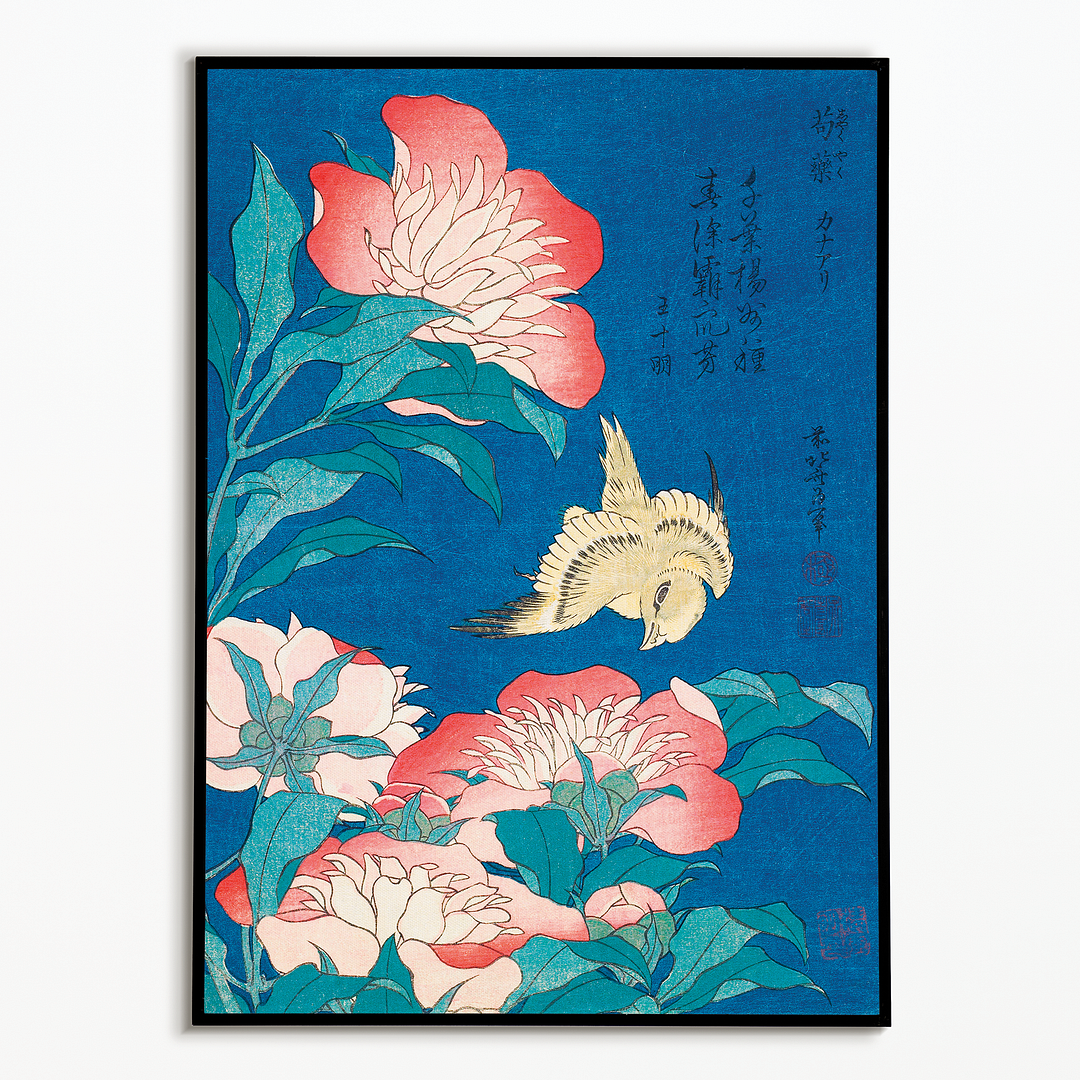 Katsushika Hokusai's peonies and canary - Art Print