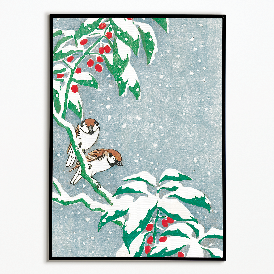 Sparrows on snowy berry bush By Ohara Koson - Art Print
