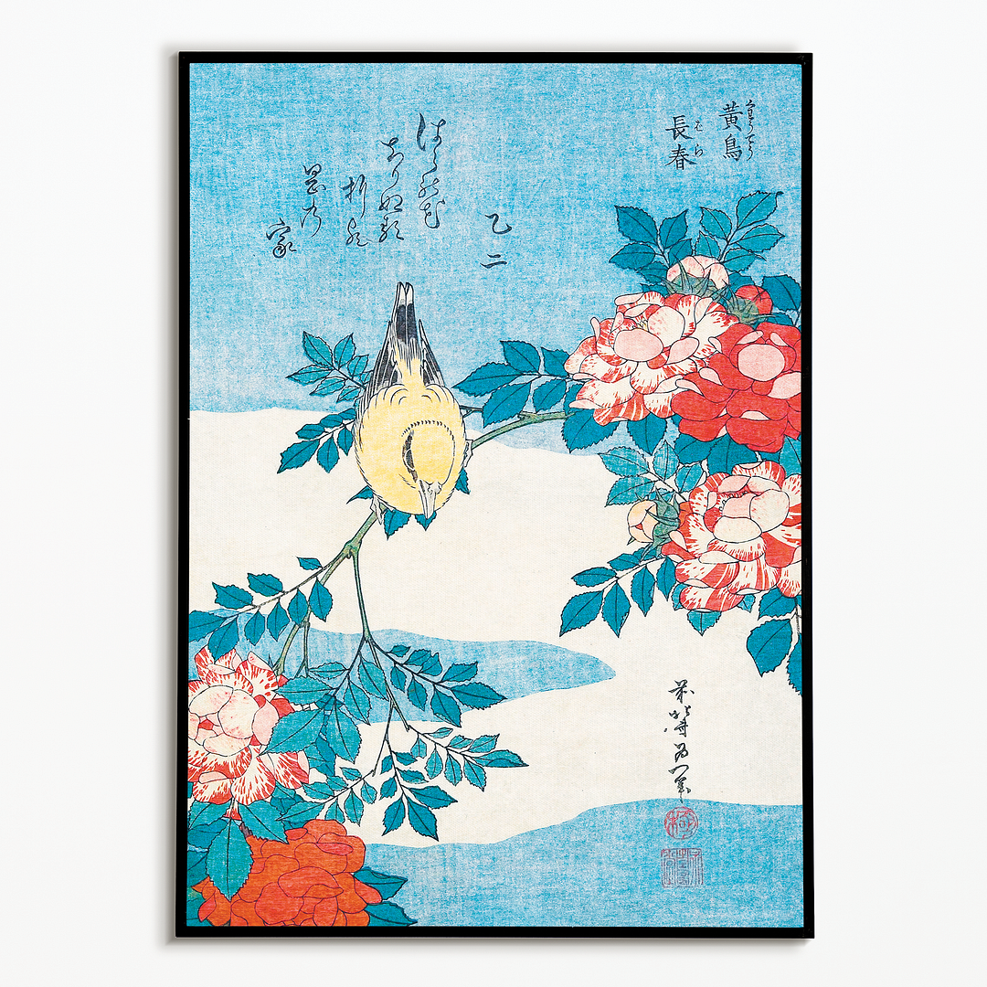 Warbler and Roses By Katsushika Hokusai - Art Print
