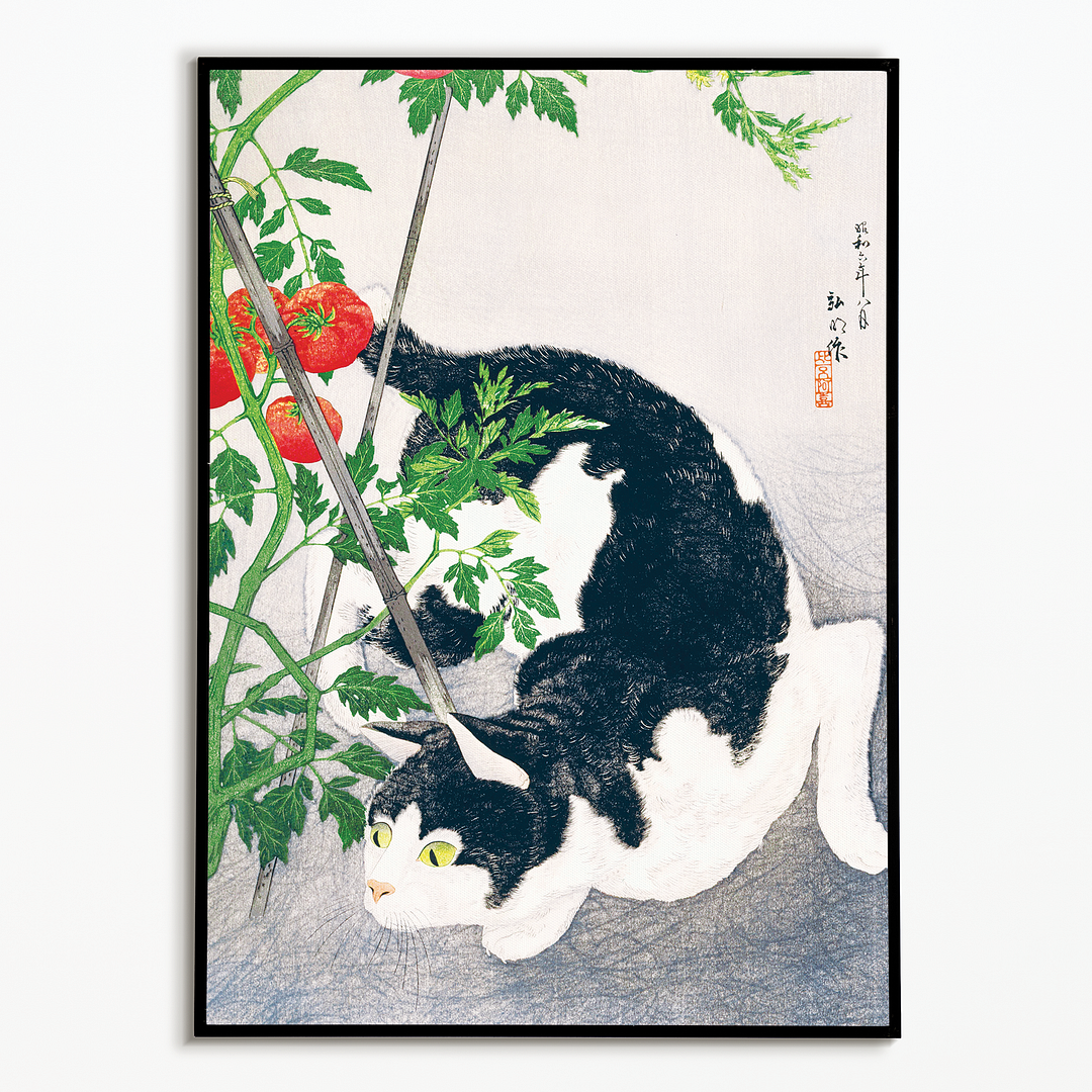 Cat with Tomato Plant By Hiroaki Takahashi - Art Print