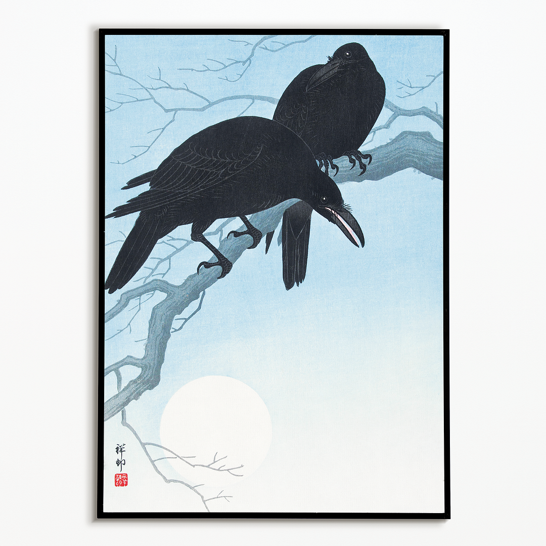 Two crows on a branch by Ohara Koson - Art Print