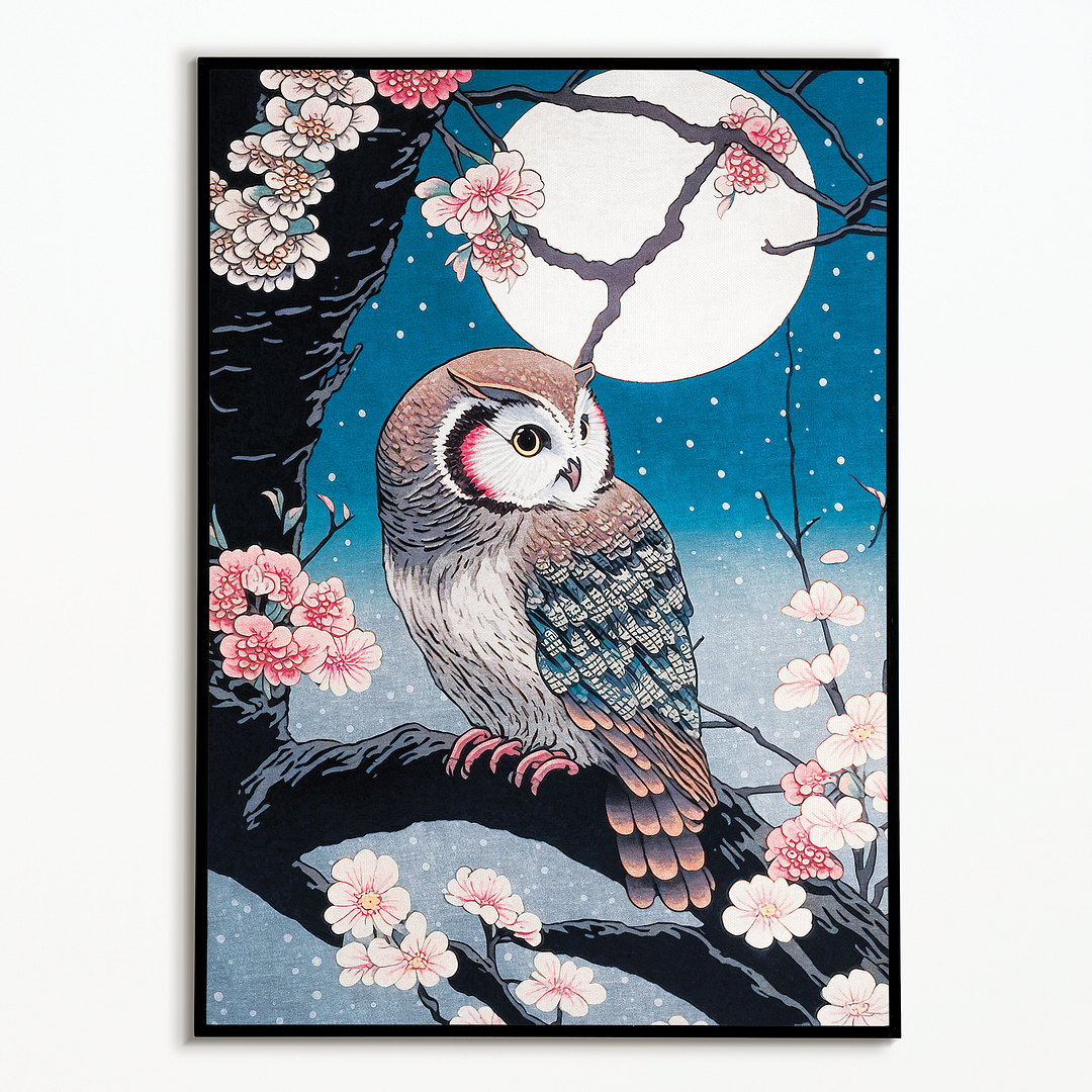 Owl on blossom with a full moon - Art Print