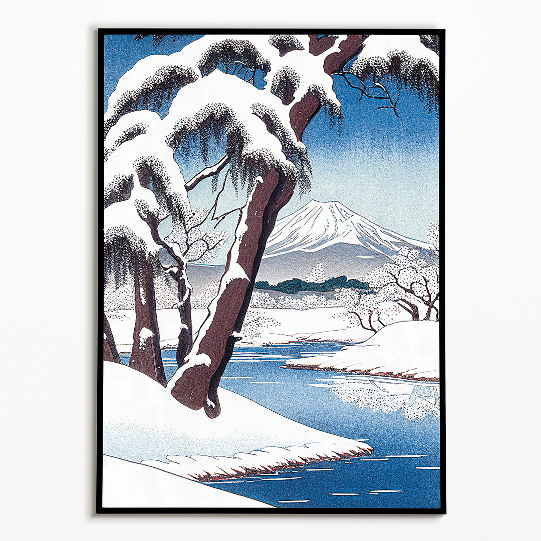 A Snowy Landscape with Mount Fuji - Art Print