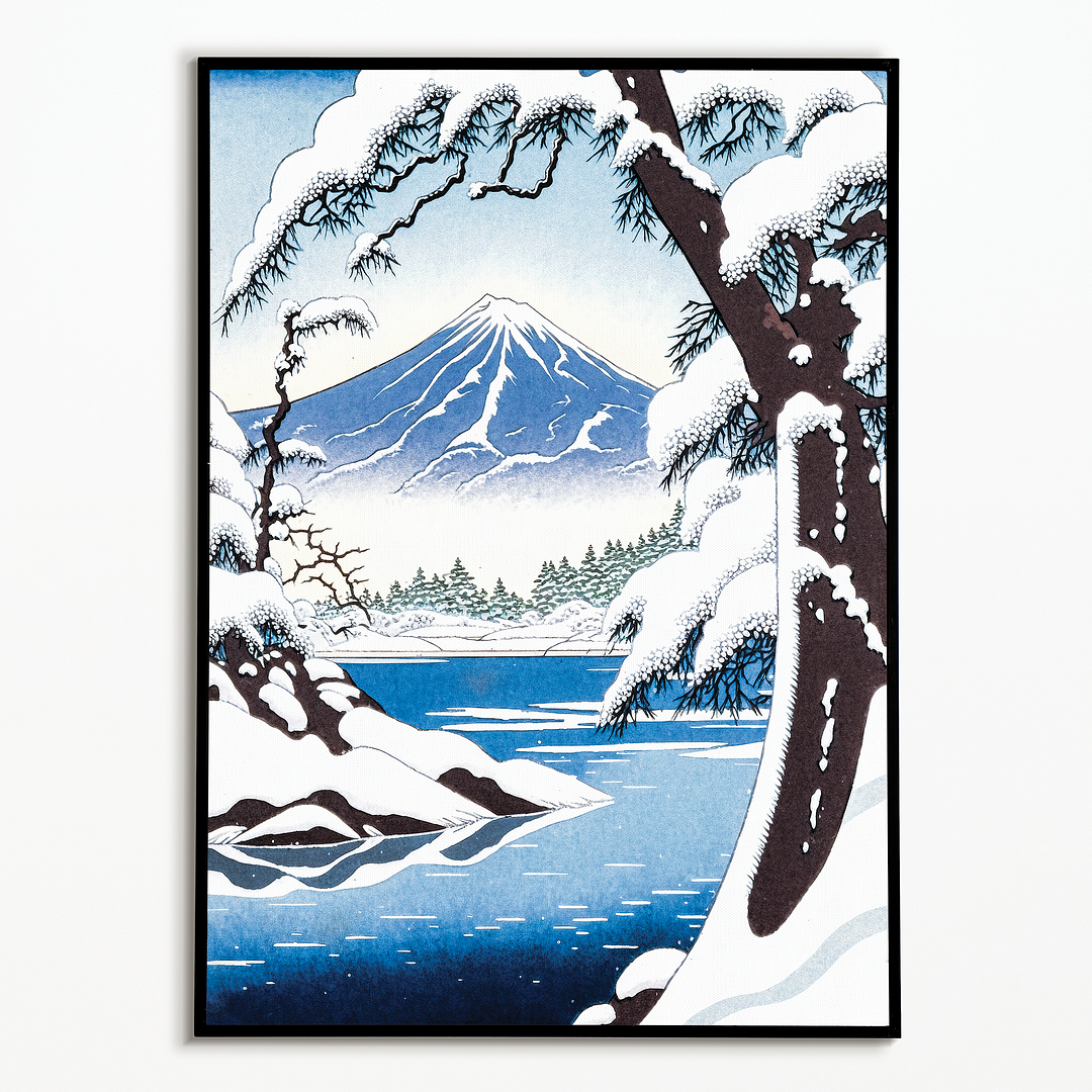 Snowy lake in front of mount fuji - Art Print