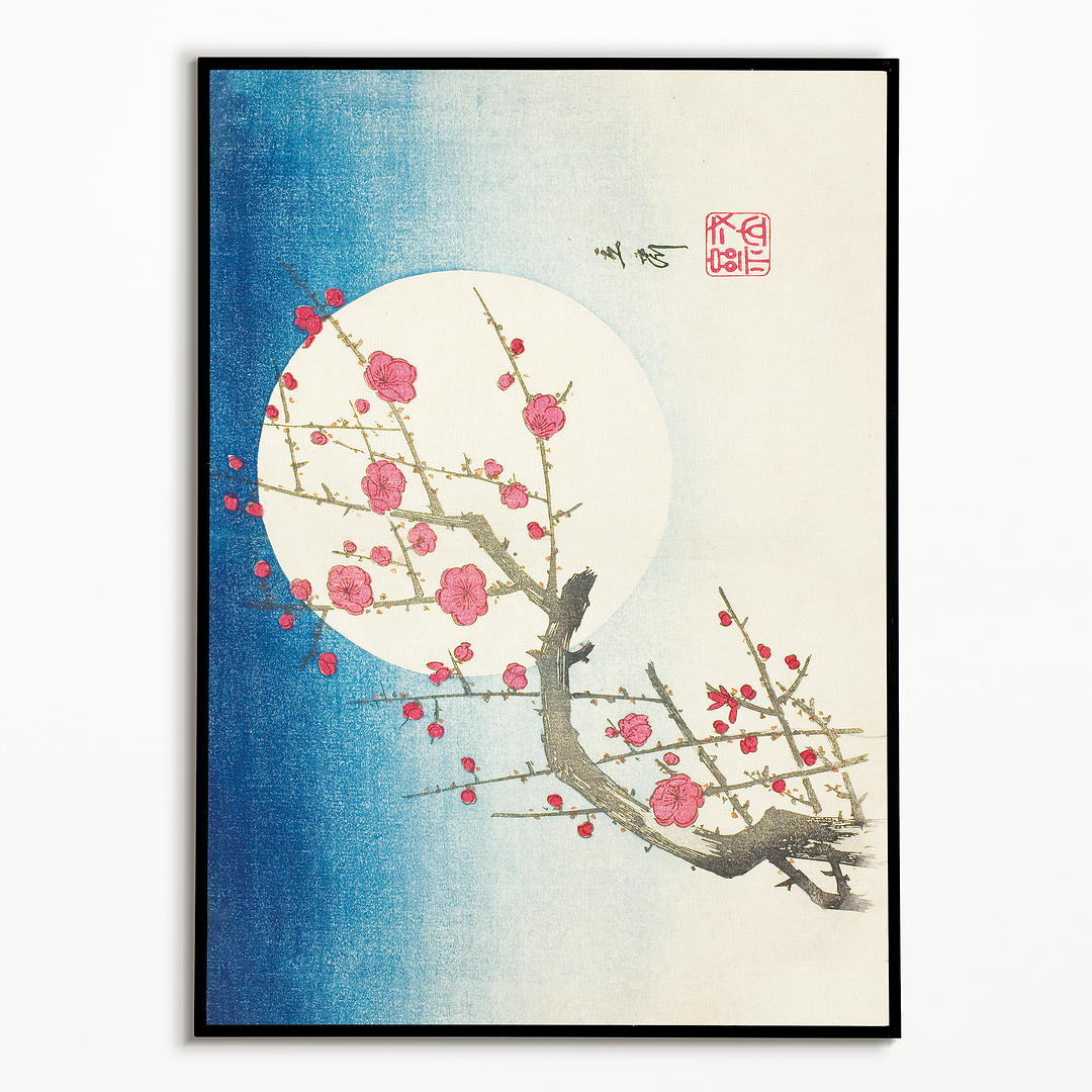 A Red Plum Branch against the Summer Moon By Hiroshige - Art Print