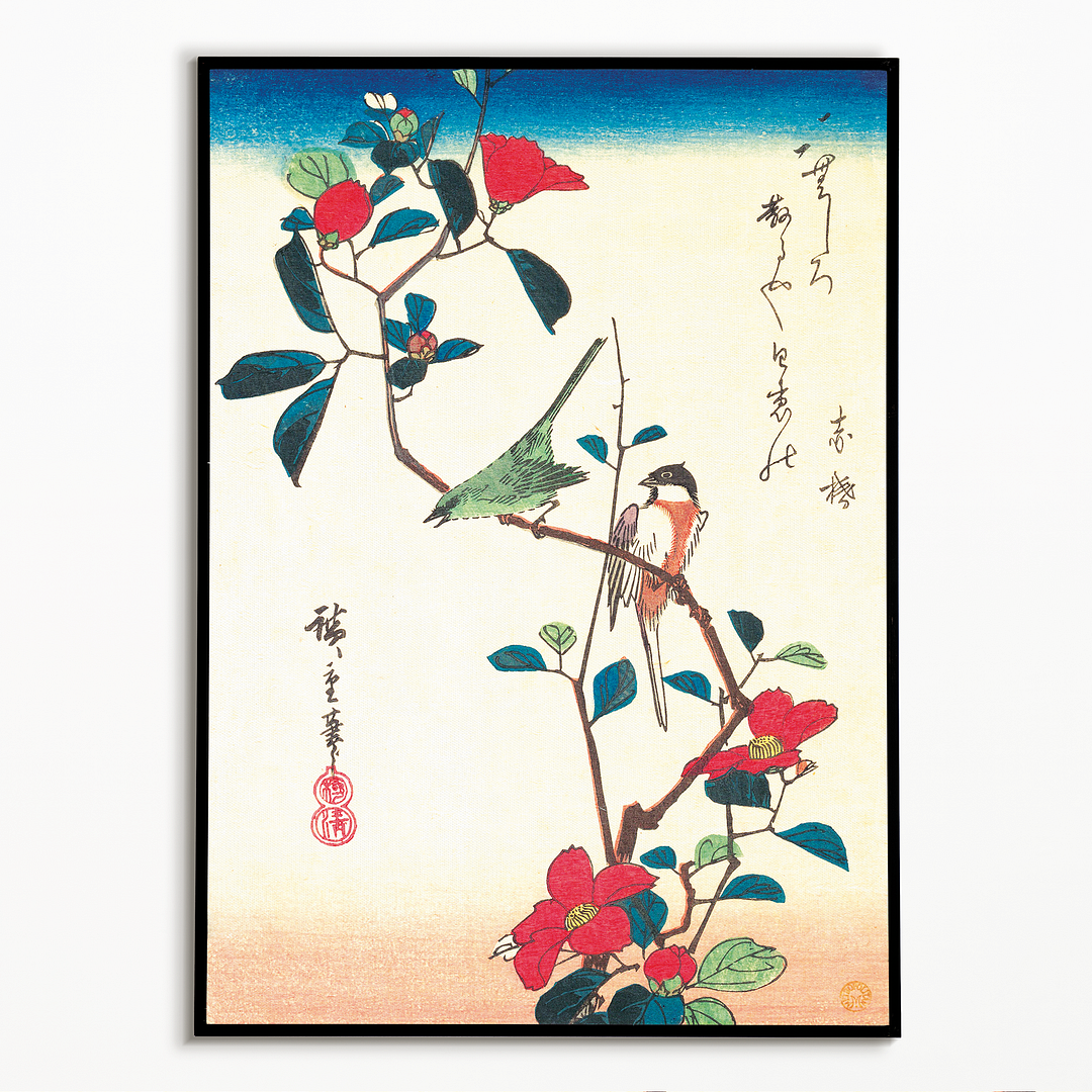 Japanese White-eye and Titmouse on a Camellia Branch - Art Print