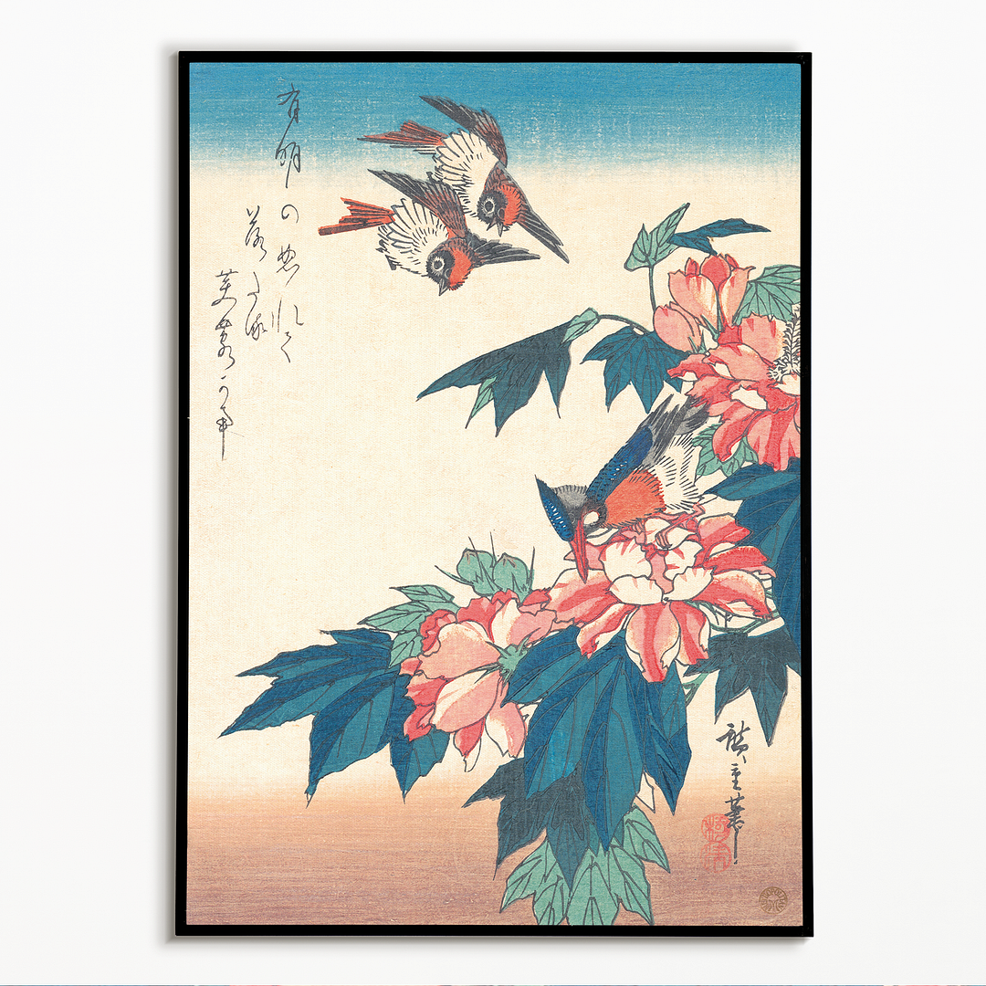 Swallows and Kingfisher with Rose Mallows by Utagawa Hiroshige - Art Print