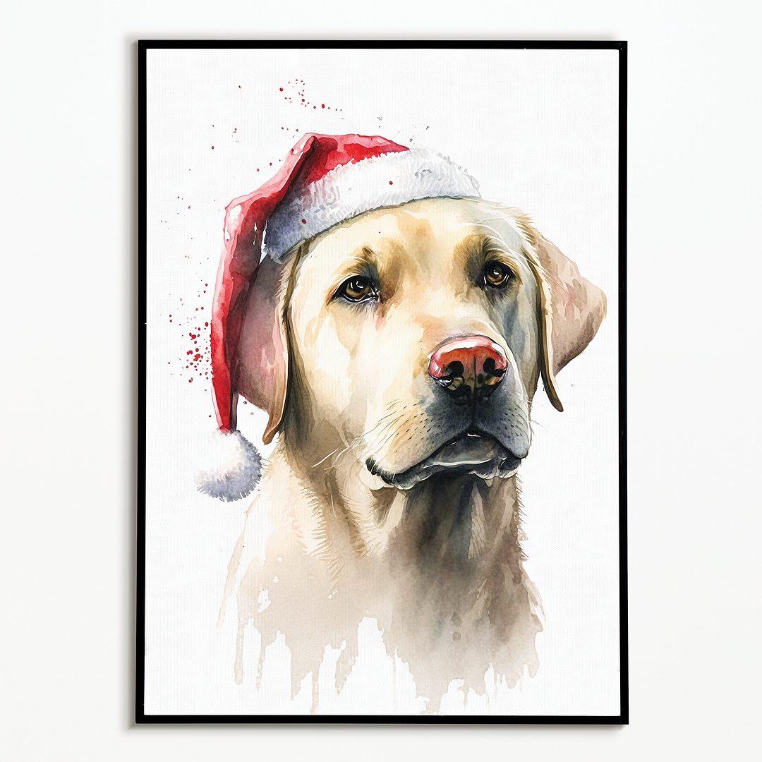 White labrador wearing a christmas hat - Art Print