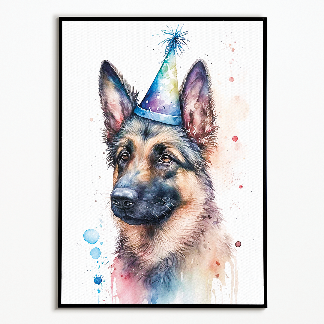 German shepherd wearing a party hat - Art Print