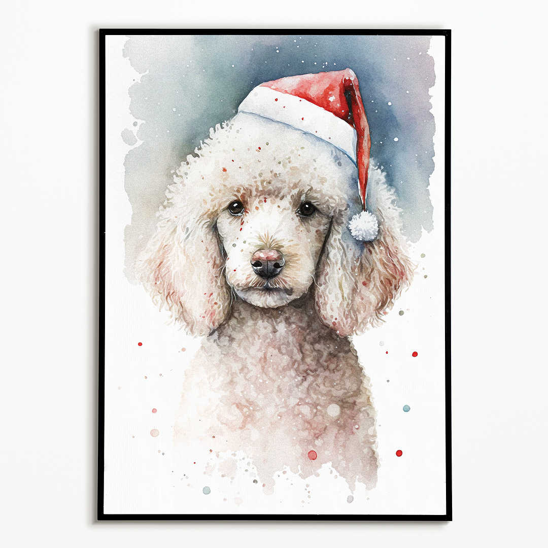 White poodle wearing a christmas hat - Art Print