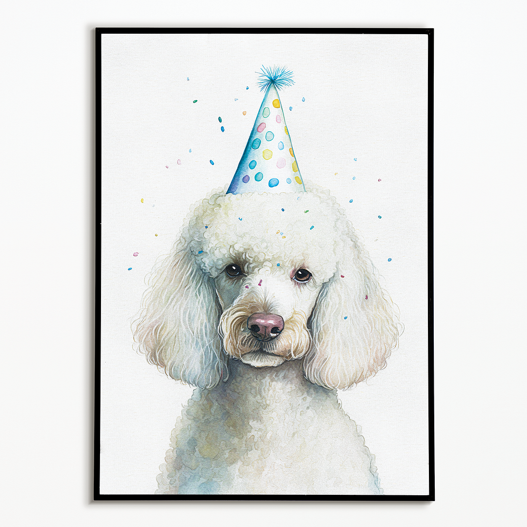 White poodle wearing a party hat - Art Print