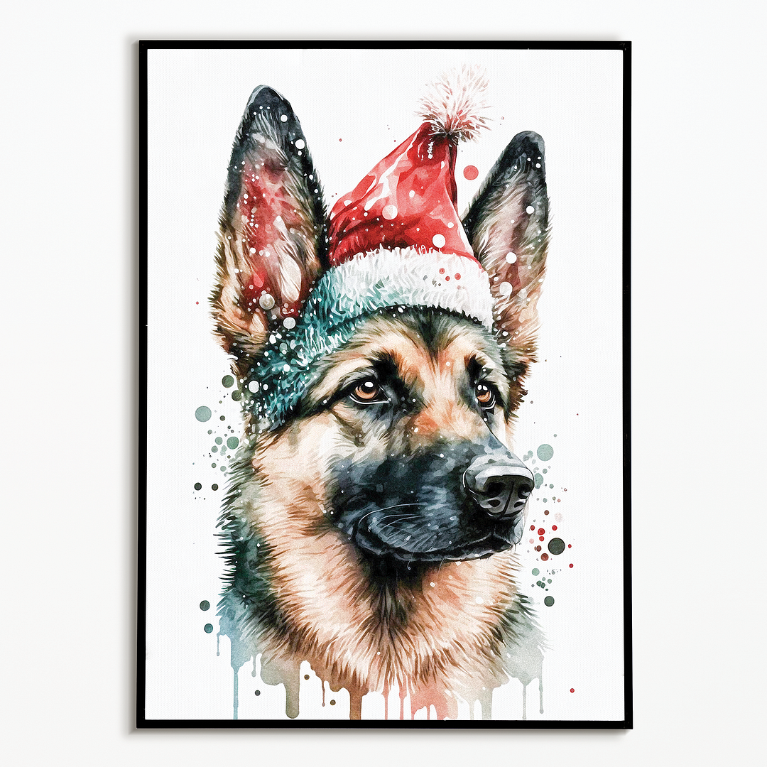 German shepherd wearing a christmas hat - Art Print