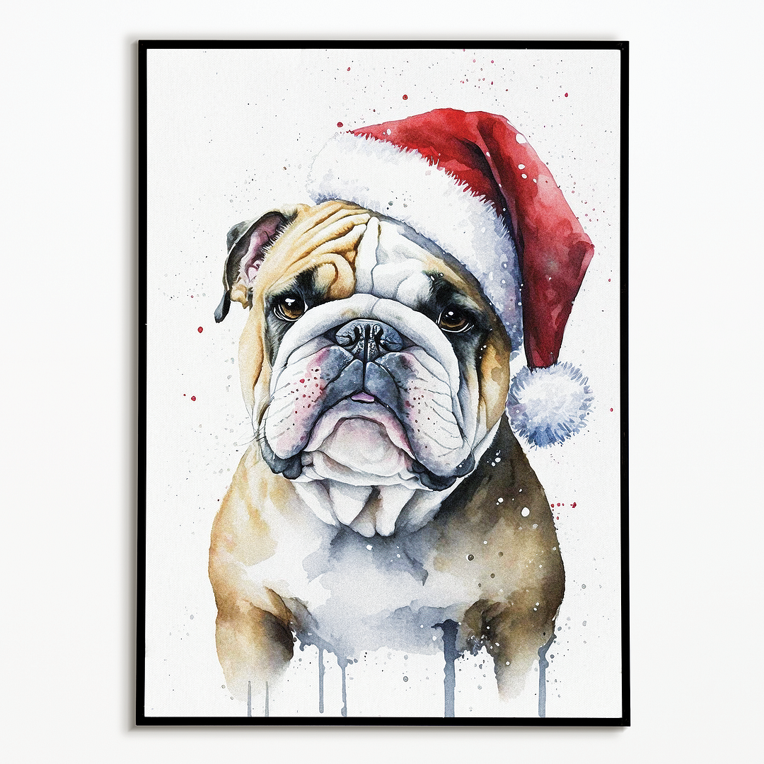 Engelse bulldog wearing a Christmas hat - Art Print