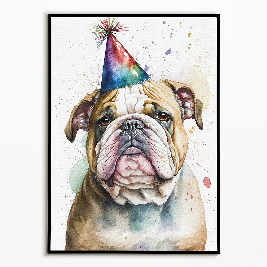 Engelse bulldog wearing a party hat - Art Print