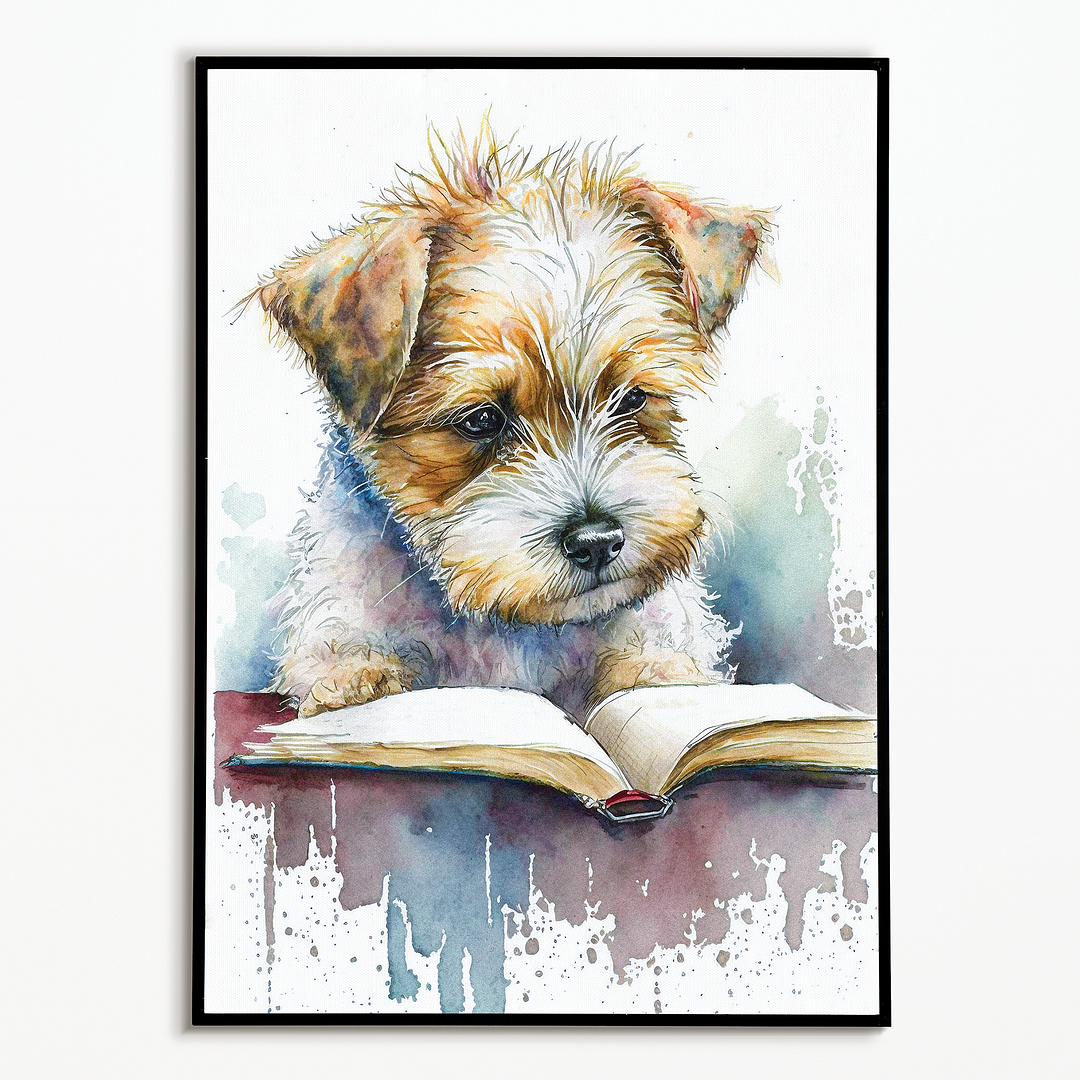 Puppy reading a book - Art Print
