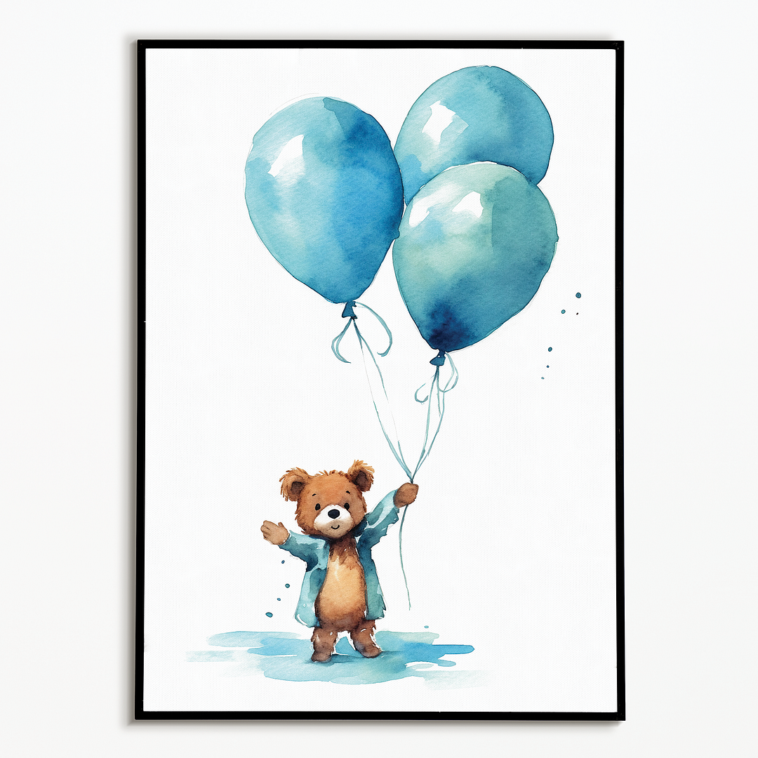 Bear holding blue balloons - Art Print