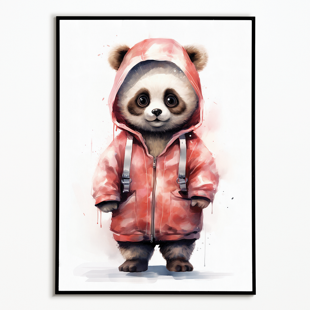 Panda wearing red raincoat - Art Print