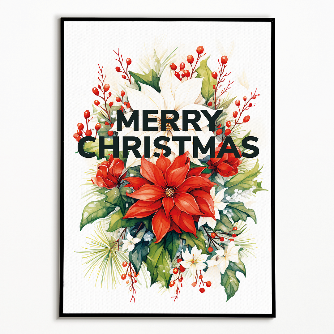 Merry Christmas Holly and Poinsettia - Art Print