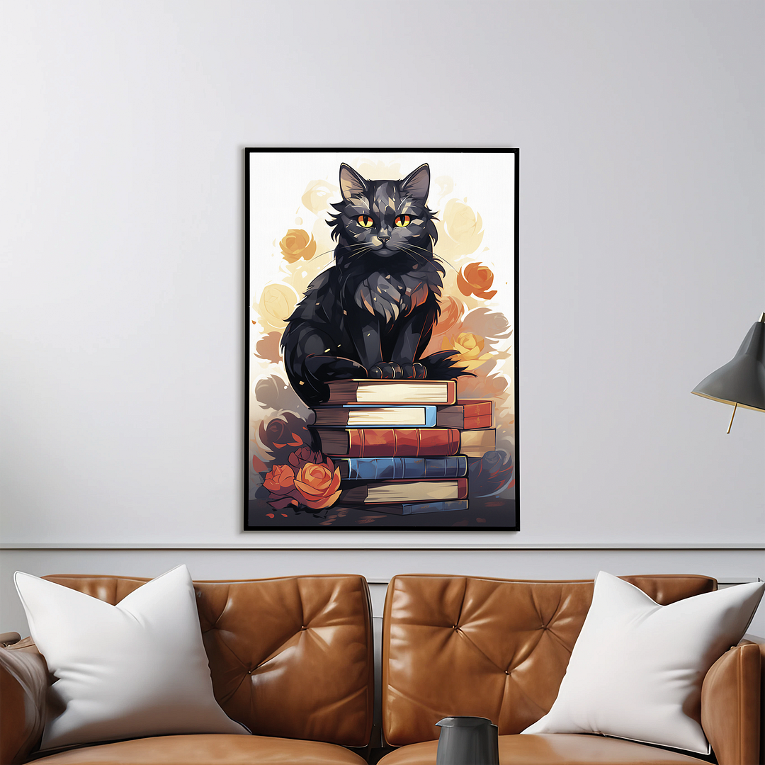Cat on a pile of books (Art Deco) - Art Print