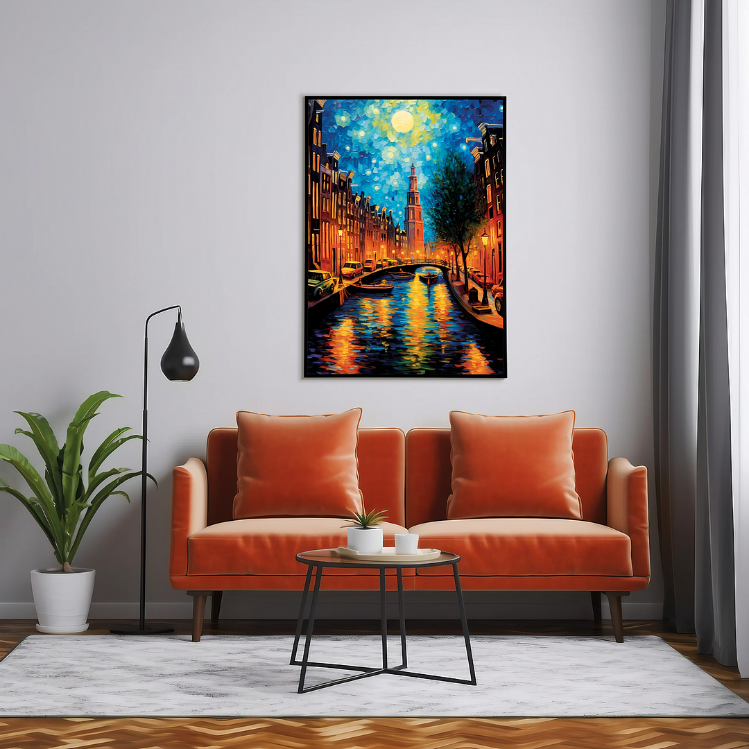 Amsterdam at night in the style of Vincent Van Gogh - Art Print
