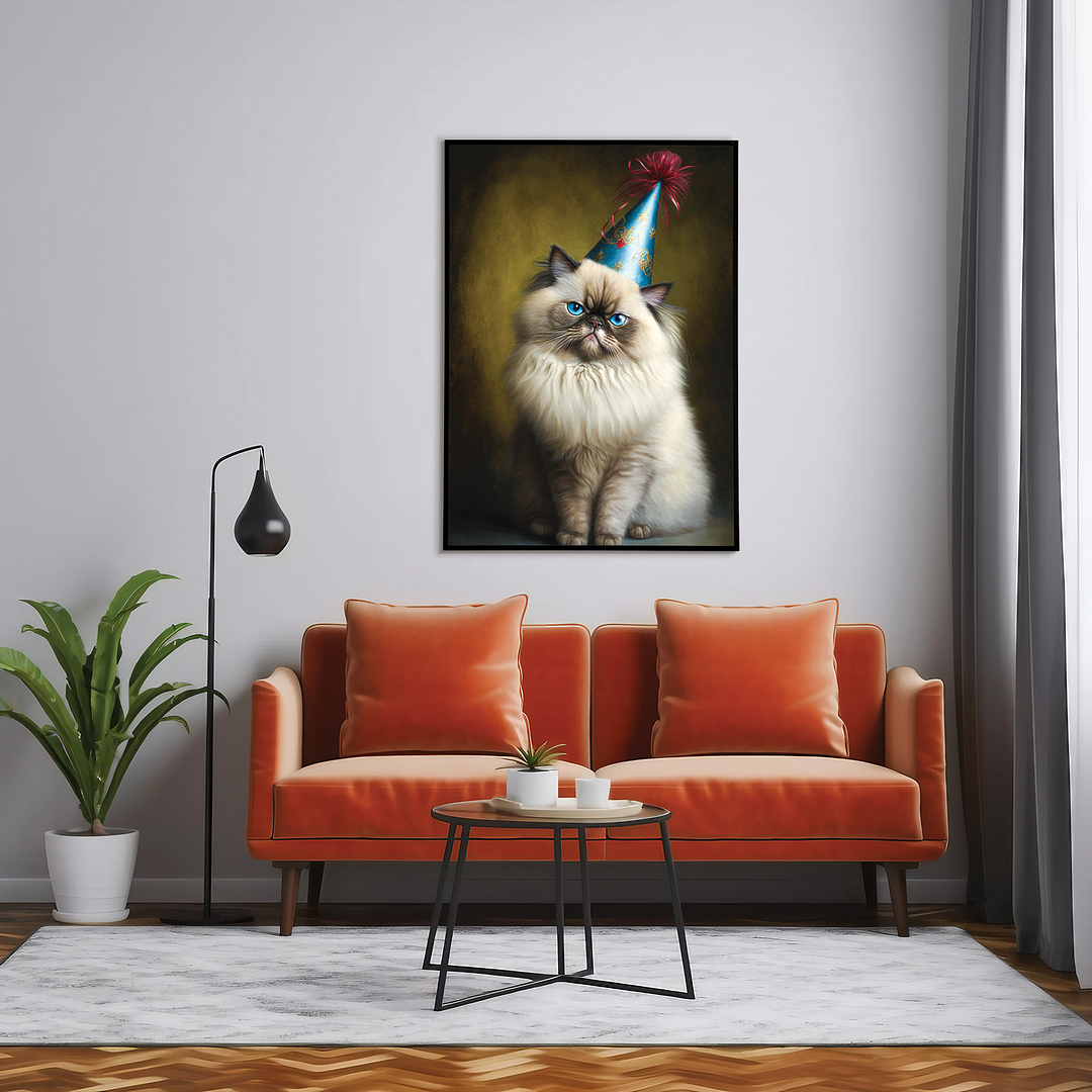 Renaissance painting of a Himalayan Cat Breed with a party hat on - Art Print