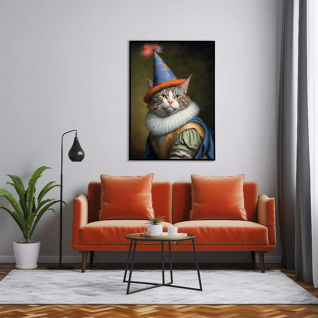 Renaissance painting of a Maine Coon with a party hat on - Art Print